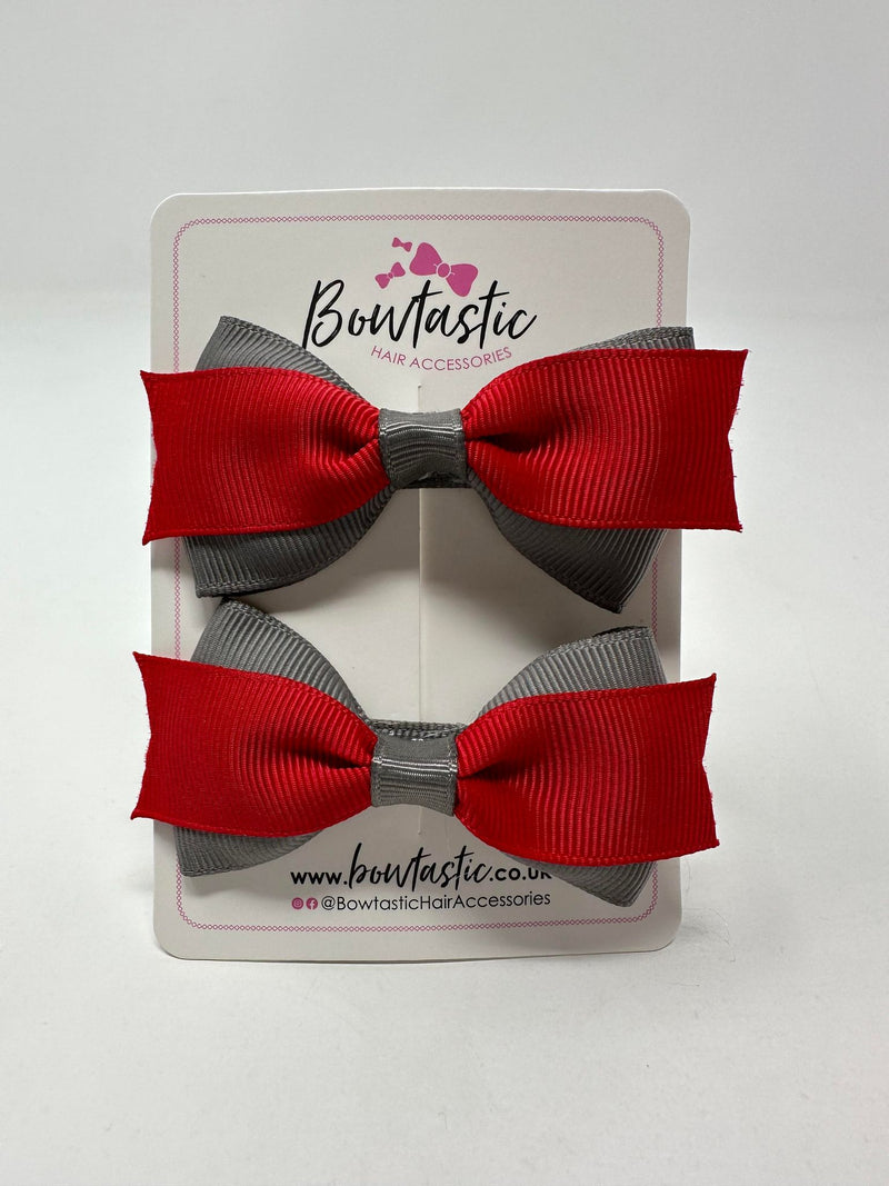 2.75 Inch 2 Layer Tuxedo Bow - Red & Metal Grey - 2 Pack