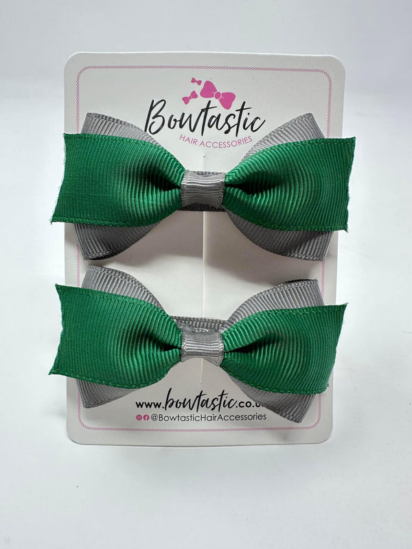 2.75 Inch 2 Layer Tuxedo Bow - Forest Green & Metal Grey - 2 Pack