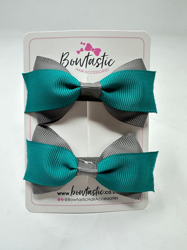 2.75 Inch 2 Layer Tuxedo Bow - Jade Green & Metal Grey - 2 Pack