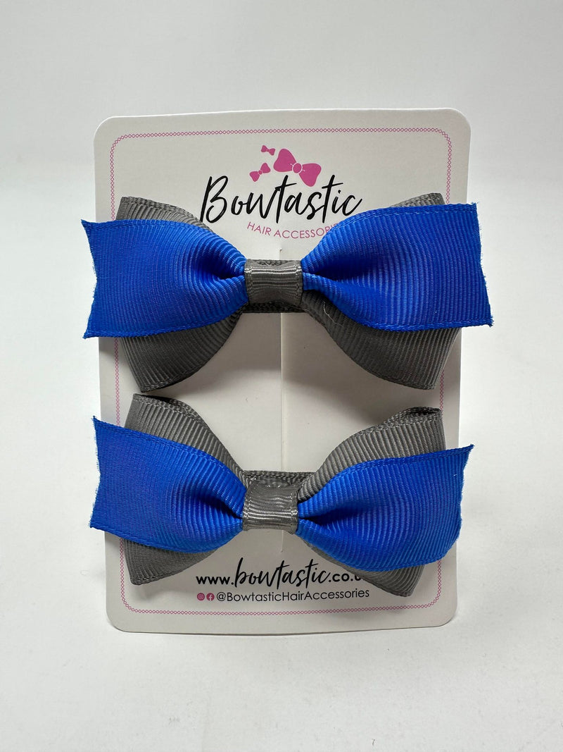 2.75 Inch 2 Layer Tuxedo Bow - Cobalt & Metal Grey - 2 Pack