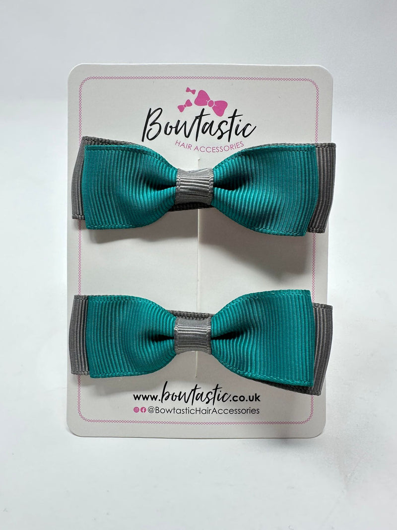 2.75 Inch Flat Bows - Jade Green & Metal Grey - 2 Pack