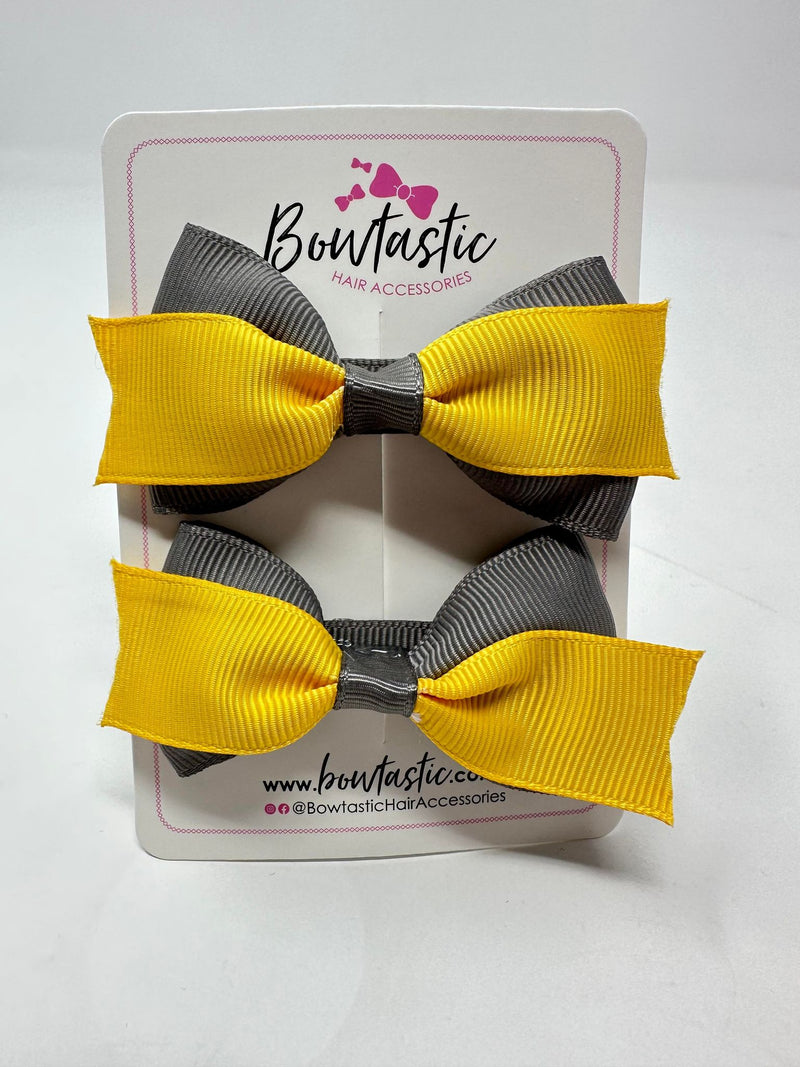 2.75 Inch 2 Layer Tuxedo Bow - Yellow Gold & Metal Grey - 2 Pack