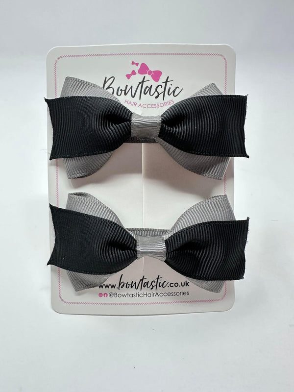 2.75 Inch 2 Layer Tuxedo Bow - Black & Metal Grey - 2 Pack