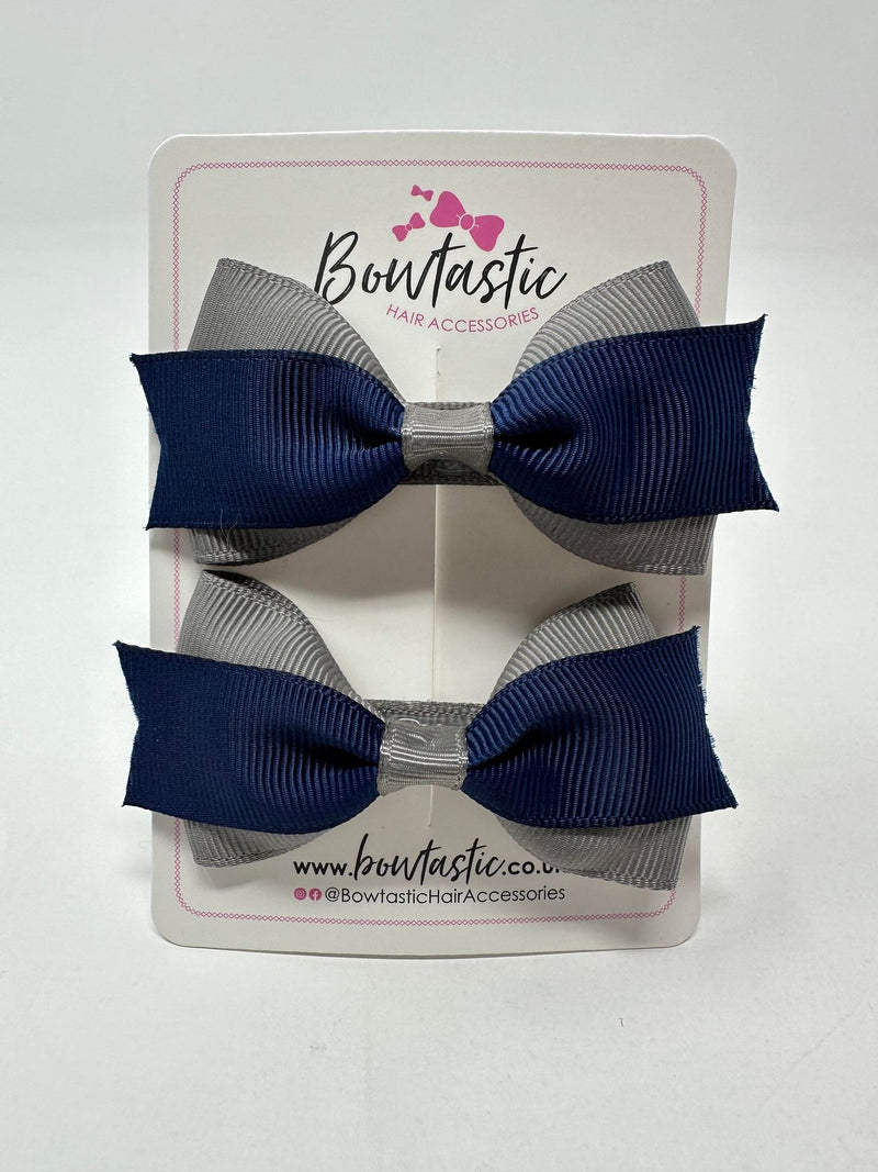 2.75 Inch 2 Layer Tuxedo Bow - Navy & Metal Grey - 2 Pack