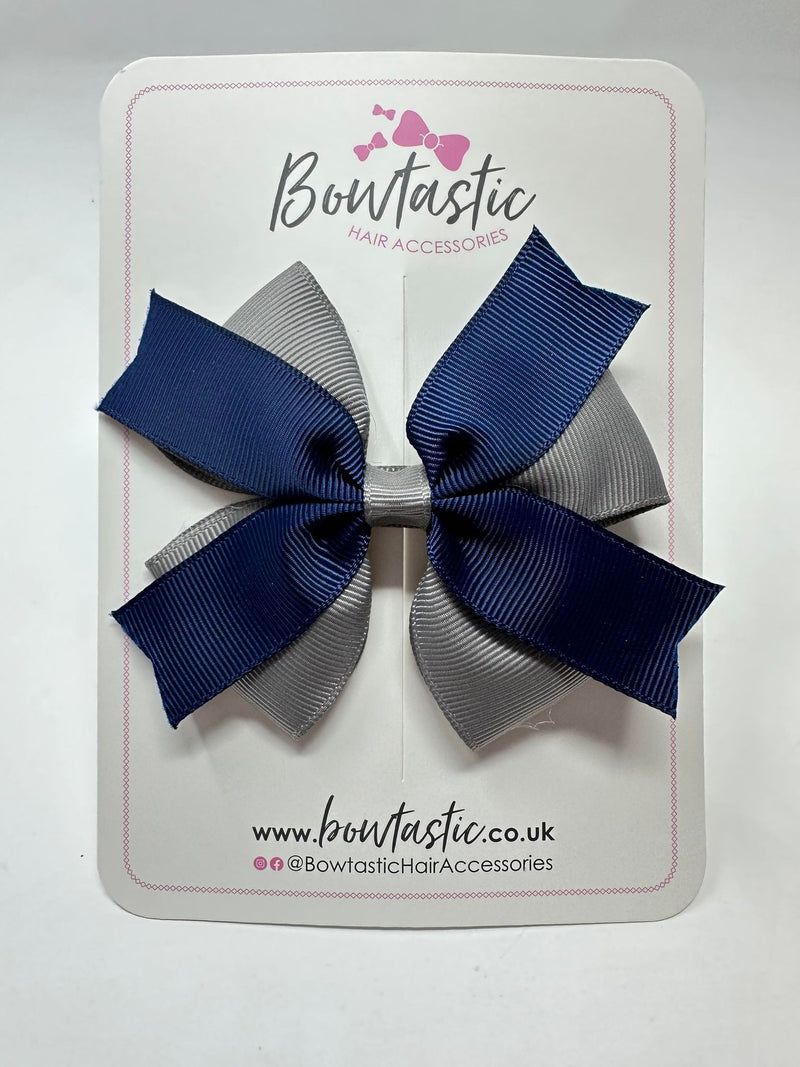 3.5 Inch 2 Layer Bow - Navy & Metal Grey