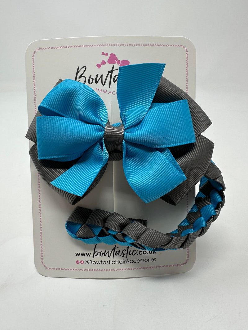 4 Inch Bow Bun Wrap - Turquoise & Metal Grey