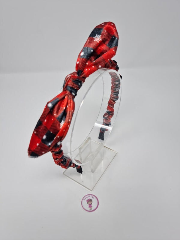 Christmas - Velvet Bunny Ear Headband - Red & Black Tartan Snowflake