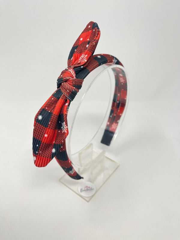 Christmas - Ribbed Bunny Ear Headband - Red/Black Tartan Snowflake