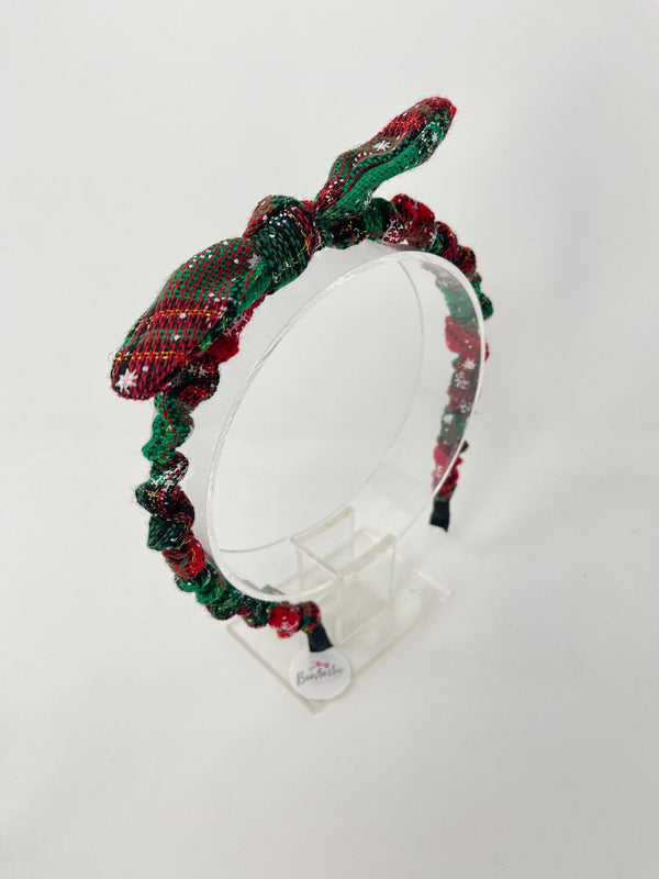 Christmas - Wool Bunny Ear Headband - Red & Green Tartan Snowflake
