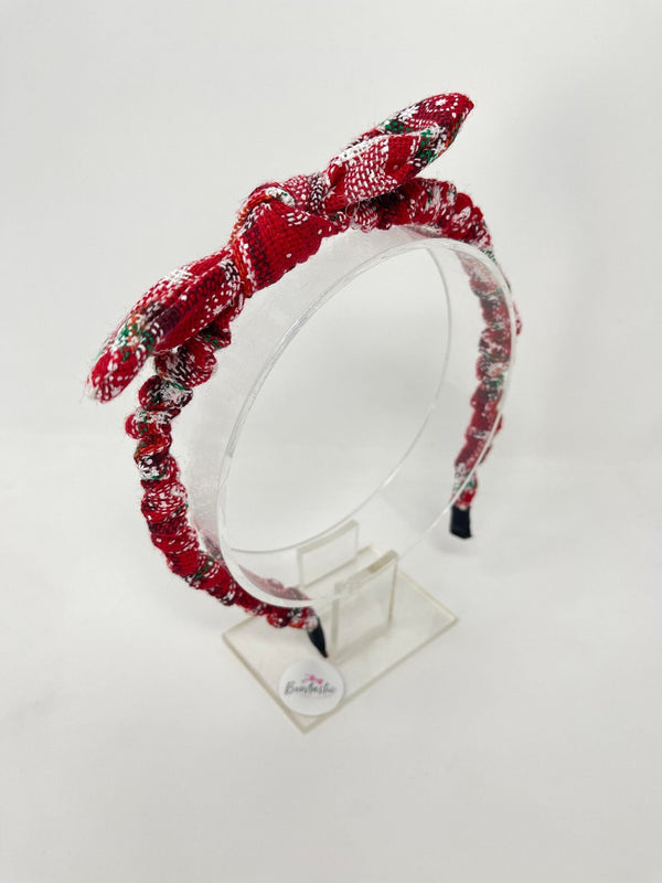 Christmas - Wool Bunny Ear Headband - Red & White Tartan Snowflake