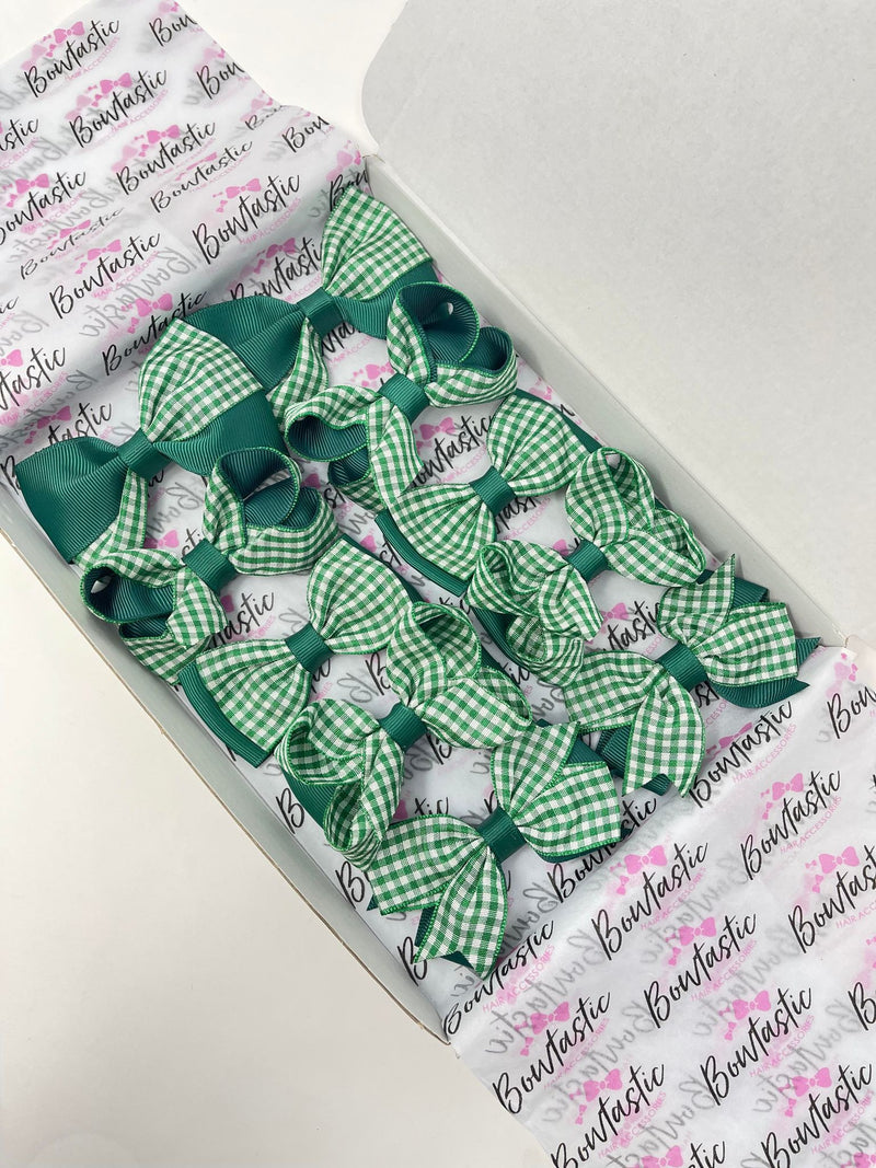 School Bundle - 3 Inch Bows - Forest Green & Green Gingham - 10 Pack